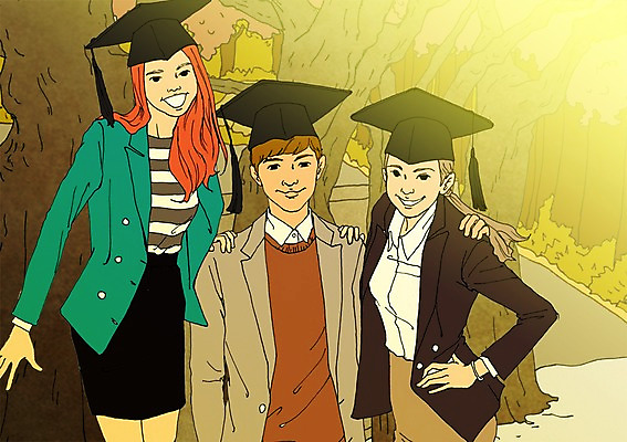 주간 PSD 나무 여자 남자 대학생 일러스트 학사모 졸업 성인 야외 세명 설레임 아트툰 국내일러스트 자연요소 식물 모자_잡화 학생 교육 감정 사람 그림 파일형식