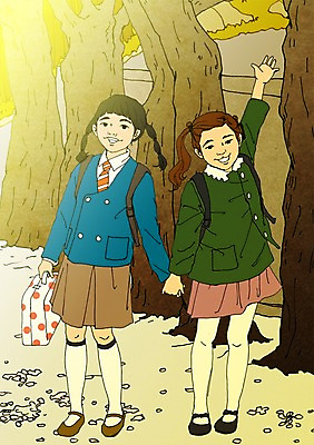 주간 전신 PSD 나무 여자 어린이 일러스트 야외 두명 친구 손잡기 설레임 아트툰 국내일러스트 자연요소 식물 감정 관계 모션 사람 그림 파일형식