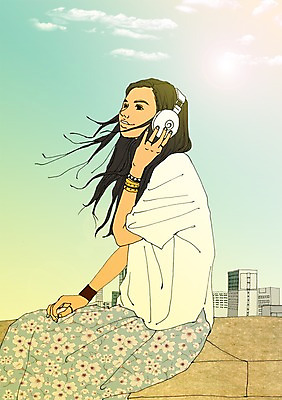 주간 PSD 여자 일러스트 한명 성인 야외 헤드셋 음악감상 옥상 설레임 아트툰 국내일러스트 자연요소 1 감정 음향기기 사람 헤드폰 감상 그림 파일형식