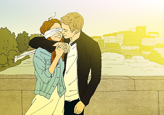 주간 PSD 나무 커플 여자 남자 일러스트 사랑 성인 야외 두명 건물 마을 다정 눈가림 다리 설레임 아트툰 국내일러스트 자연요소 식물 건축물 감정 컨셉 관계 사람 신체부위 가림 그림 파일형식