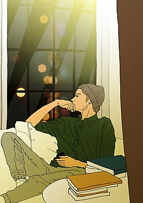 PSD 남자 이어폰 일러스트 휴식 한명 성인 책 음악감상 창가 아트툰 국내일러스트 1 음향기기 컨셉 창문 사람 감상 그림 파일형식