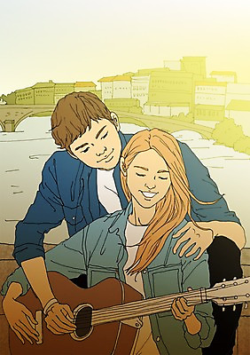 주간 PSD 커플 여자 남자 연주 일러스트 성인 야외 두명 건물 마을 기타 다리 설레임 아트툰 국내일러스트 자연요소 건축물 감정 음악 관계 현악기 사람 신체부위 그림 파일형식