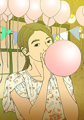 PSD 여자 일러스트 실내 한명 성인 파티 준비 풍선 설레임 풍선불기 아트툰 국내일러스트 1 감정 사람 이벤트 내부 불기 그림 파일형식