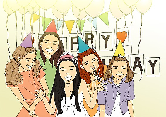 PSD 여자 어린이 일러스트 여러명 파티 고깔모자 생일파티 풍선 설레임 아트툰 국내일러스트 모자_잡화 감정 다수 사람 이벤트 생일 그림 파일형식