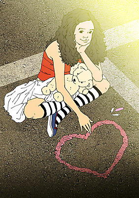 주간 PSD 여자 어린이 일러스트 한명 야외 곰인형 하트 낙서 분필 주차장 설레임 아트툰 국내일러스트 자연요소 모양 1 감정 인형 사람 그림 초크 파일형식