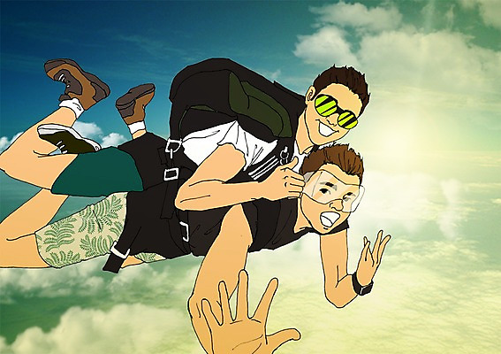 PSD 구름 남자 일러스트 하늘 고글 사람 성인 두명 청춘 자신감 스카이다이빙 낙하산 열정 설레임 자부심 국내일러스트 자연요소 감정 컨셉 익스트림스포츠 파일형식