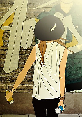 주간 PSD 모자 여자 벽 일러스트 한명 사람 성인 야외 청춘 자신감 그래피티 열정 설레임 그래피티아티스트 스프레이락카 자부심 국내일러스트 자연요소 1 잡화 감정 컨셉 낙서 그림 아티스트 파일형식