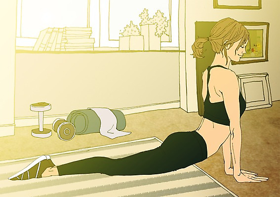 전신 PSD 여자 액자 일러스트 요가 실내 한명 사람 성인 책 청춘 운동 아령 요가자세 매트 자신감 요가복 열정 설레임 자부심 코브라자세 국내일러스트 1 웰빙 감정 포즈 컨셉 건강 내부 운동복 파일형식