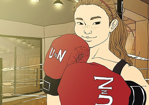 PSD 여자 일러스트 실내 한명 사람 성인 청춘 권투 권투장 권투글러브 자신감 열정 설레임 자부심 국내일러스트 1 감정 컨셉 스포츠시설 내부 격투기 글러브 파일형식