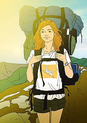 주간 PSD 여자 일러스트 배낭 산 한명 사람 성인 야외 청춘 자신감 배낭여행 열정 설레임 자부심 국내일러스트 자연요소 1 감정 여행 컨셉 가방 파일형식