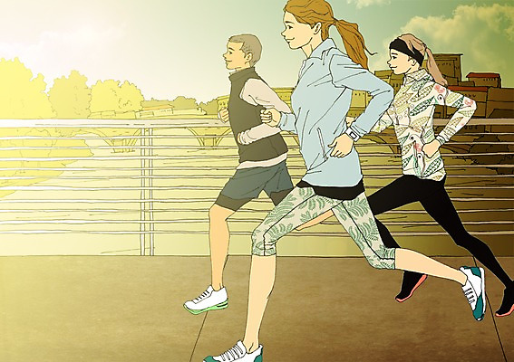 주간 PSD 여자 남자 일러스트 난간 사람 성인 야외 세명 청춘 달리기 조깅 자신감 열정 설레임 자부심 국내일러스트 자연요소 감정 컨셉 모션 운동 파일형식