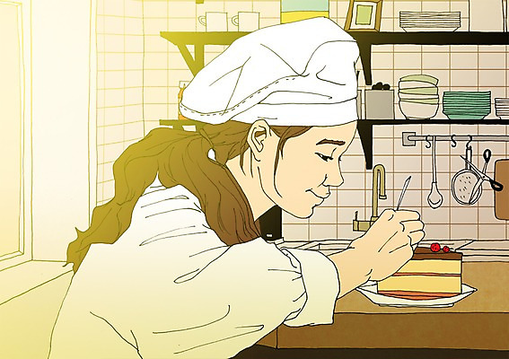 PSD 그릇 여자 일러스트 주방용품 선반 실내 요리사모자 한명 사람 성인 청춘 케이크 주방 자신감 열정 설레임 자부심 제빵사 케이크만들기 국내일러스트 직업 모자_잡화 1 식기 감정 가구 생활용품 컨셉 디저트 내부 요리사 만들기 파일형식