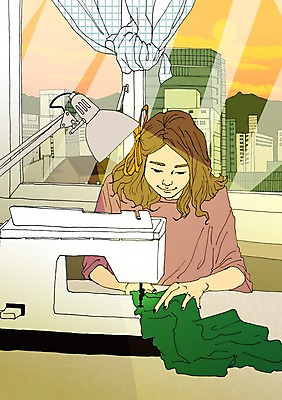 PSD 여자 일러스트 창문 실내 한명 사람 빌딩 성인 청춘 스탠드 커튼 자신감 천 재봉틀 열정 설레임 자부심 국내일러스트 1 감정 컨셉 조명 내부 건물 직물 파일형식