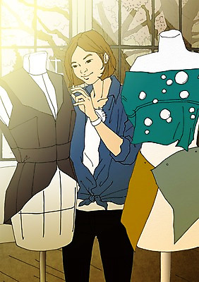 PSD 옷 여자 일러스트 창문 실내 한명 사람 성인 청춘 자신감 마네킹 디자이너 패션디자이너 열정 설레임 자부심 국내일러스트 직업 1 감정 컨셉 내부 파일형식