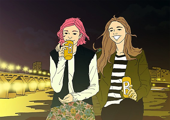 PSD 여자 가로등 일러스트 사람 성인 야외 두명 청춘 다리 자신감 야간 열정 캔맥주 설레임 자부심 국내일러스트 자연요소 공공시설 감정 컨셉 맥주 신체부위 캔 파일형식