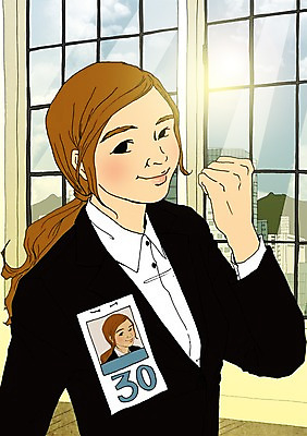 PSD 여자 일러스트 창문 실내 한명 사람 정장 성인 청춘 파이팅 구직 자신감 면접 취업준비생 열정 설레임 자부심 국내일러스트 1 옷 감정 컨셉 비즈니스 모션 내부 파일형식