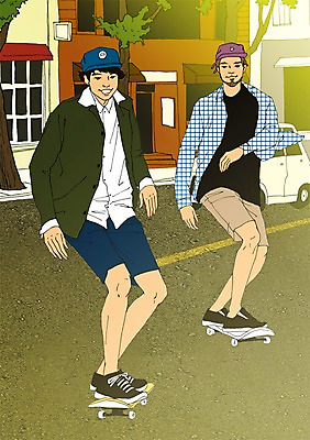 전신 PSD 모자 남자 도로 일러스트 자동차 사람 성인 두명 건물 청춘 스케이트보드 자신감 열정 설레임 자부심 국내일러스트 건축물 잡화 감정 길 육상교통 컨셉 교통시설 보드_스포츠 파일형식