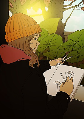 주간 PSD 나무 모자 여자 잎 일러스트 한명 사람 성인 야외 청춘 연필 자신감 그리기 스케치북 열정 설레임 자부심 국내일러스트 자연요소 식물 1 잡화 감정 컨셉 모션 학용품 필기구 파일형식