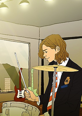 PSD 남자 연주 일러스트 실내 한명 사람 성인 청춘 기타 자신감 연습 드럼 열정 설레임 자부심 국내일러스트 1 감정 음악 컨셉 현악기 타악기 내부 파일형식