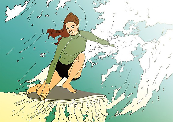 주간 전신 PSD 여자 파도 바다 일러스트 한명 사람 성인 야외 청춘 서핑보드 자신감 서핑 열정 설레임 자부심 국내일러스트 자연요소 1 감정 컨셉 수상스포츠 보드_스포츠 파일형식