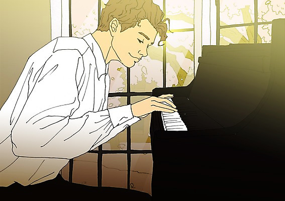 PSD 남자 악기 연주 일러스트 실내 한명 사람 성인 청춘 자신감 건반 피아노 열정 설레임 자부심 국내일러스트 1 감정 음악 컨셉 내부 건반악기 파일형식