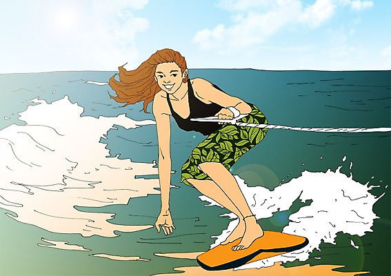 주간 전신 PSD 여자 줄 바다 일러스트 한명 사람 성인 야외 청춘 자신감 열정 수상스키 설레임 자부심 국내일러스트 자연요소 1 감정 컨셉 수상스포츠 파일형식