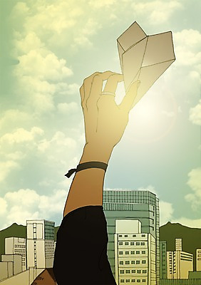 주간 PSD 구름 손 일러스트 하늘 한명 사람 빌딩 성인 야외 신체부위 청춘 자신감 종이비행기 열정 설레임 자부심 국내일러스트 자연요소 1 감정 컨셉 건물 종이접기 파일형식