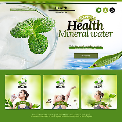 PSD 템플릿 웰빙 여자 웹템플릿 나뭇잎 이벤트페이지 건강 이벤트 20대 성인 세명 물 한국인 민트 물병 이미지템플릿 자연요소 잎 사람 동양인 청년 허브 물통 페이지 파일형식