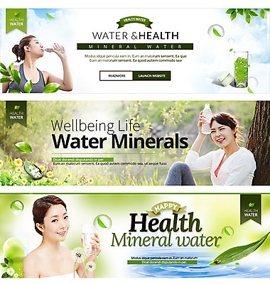 PSD 템플릿 웰빙 배너 여자 웹템플릿 나뭇잎 건강 이벤트 20대 성인 세명 물 한국인 물병 물컵 이벤트배너 웹배너 이미지템플릿 자연요소 잎 사람 동양인 청년 컵 물통 파일형식