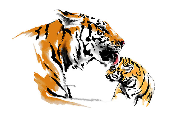 PSD 한국전통 전통 새끼 두마리 일러스트 캘리그라피 사람없음 호랑이 어미 국내일러스트 동물 2 포유류 한국 파일형식