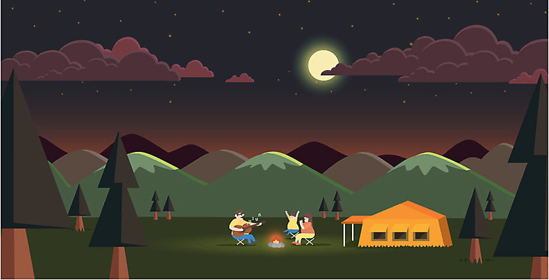 나무 구름 여자 남자 별 아들 어린이 음표 일러스트 가족 하늘 엄마 산 텐트 성인 야외 세명 캠핑 달 바위 기타 아빠 야간 모닥불 원페이지 국내일러스트 AI파일 자연요소 식물 기호 음악 관계 불 현악기 레저 캠핑도구 사람 돌_바위 파일형식 벡터