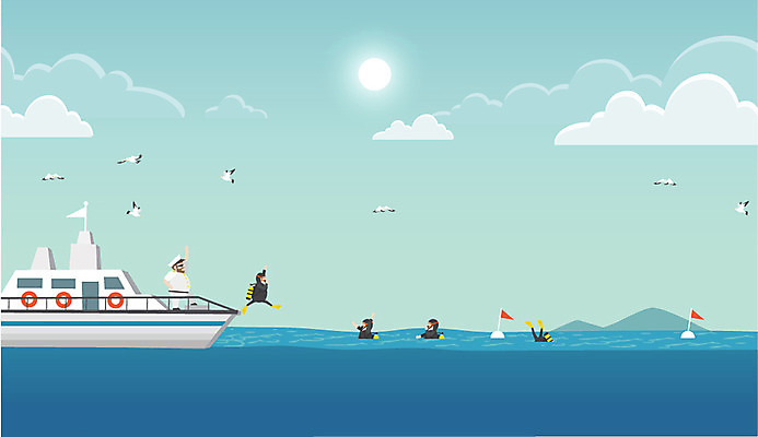 주간 구름 바다 섬 일러스트 갈매기 하늘 사람 야외 태양 깃발 스쿠버다이빙 구명조끼 잠수복 부표 선장 선박 원페이지 국내일러스트 AI파일 자연요소 옷 수상교통 조류 수상스포츠 구조용품 파일형식 벡터