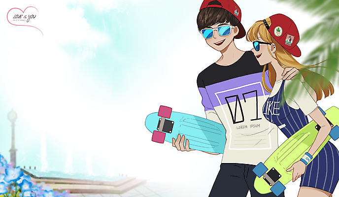 PSD 모자 커플 여자 남자 데이트 일러스트 함께함 사랑 성인 두명 선글라스 다정 스케이트보드 만화 설레임 국내일러스트 잡화 감정 안경 컨셉 관계 사람 보드_스포츠 파일형식