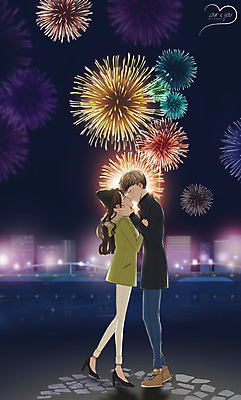 PSD 커플 여자 남자 야경 데이트 일러스트 키스 함께함 불꽃놀이 사랑 성인 야외 두명 다정 만화 설레임 국내일러스트 감정 컨셉 관계 놀이 사람 야간 애정표현 파일형식 풍경_경치