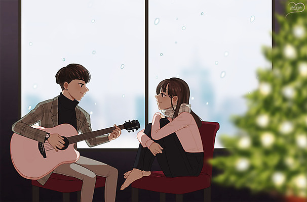 PSD 커플 여자 남자 겨울 연주 데이트 일러스트 창문 함께함 실내 사랑 성인 두명 마주보기 다정 기타 눈 만화 설레임 국내일러스트 자연요소 계절 감정 음악 컨셉 관계 모션 현악기 날씨 사람 내부 파일형식
