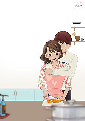 PSD 커플 여자 남자 데이트 일러스트 도마 함께함 실내 사랑 성인 두명 주방 다정 칼 만화 백허그 설레임 음식준비 국내일러스트 감정 컨셉 관계 포옹 주방용품 사람 내부 준비 파일형식
