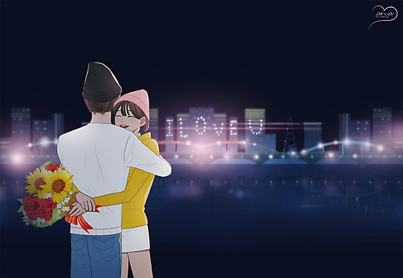 PSD 커플 여자 남자 꽃다발 프로포즈 야경 데이트 일러스트 안기 함께함 사랑 빌딩 성인 야외 두명 다정 만화 비니 설레임 국내일러스트 모자_잡화 꽃 감정 컨셉 관계 모션 사람 건물 야간 파일형식 풍경_경치