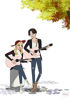 주간 전신 PSD 커플 여자 남자 연주 데이트 일러스트 함께함 사랑 성인 야외 두명 다정 기타 만화 설레임 길거리공연 국내일러스트 자연요소 감정 음악 컨셉 관계 현악기 사람 공연 파일형식