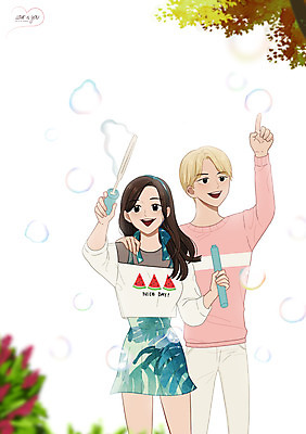 주간 PSD 커플 여자 남자 데이트 일러스트 함께함 사랑 성인 야외 두명 다정 비눗방울 만화 설레임 국내일러스트 자연요소 감정 컨셉 관계 사람 파일형식