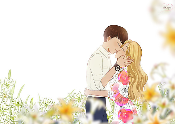 PSD 커플 여자 남자 꽃 꽃밭 데이트 일러스트 키스 함께함 사랑 성인 두명 다정 백합 만화 설레임 국내일러스트 식물 감정 컨셉 관계 사람 애정표현 파일형식