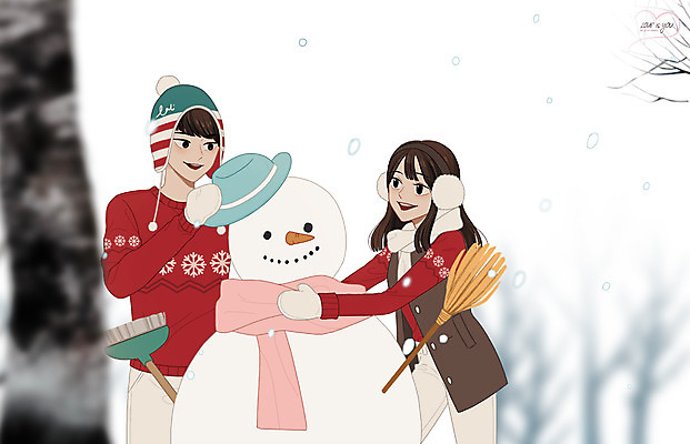 주간 PSD 커플 여자 남자 장갑 겨울 데이트 일러스트 눈사람 함께함 털모자 사랑 성인 야외 두명 다정 만화 빗자루 귀마개 설레임 눈사람만들기 국내일러스트 자연요소 모자_잡화 잡화 계절 감정 컨셉 관계 사람 청소도구 만들기 파일형식