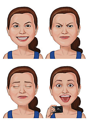 PSD 여자 감정 일러스트 표정 미소 사람 여러명 성인 세트 카메라 눈감음 찡그림 국내일러스트 다수 모션 전자제품 파일형식