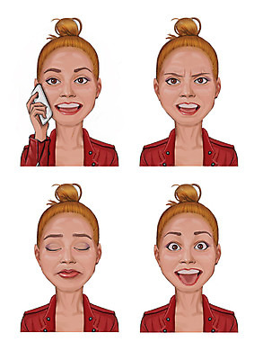 PSD 여자 감정 일러스트 표정 사람 여러명 성인 스마트폰 세트 눈감음 찡그림 통화 올린머리 국내일러스트 헤어스타일 다수 모션 핸드폰 스마트기기 파일형식