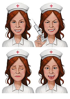 PSD 여자 감정 일러스트 표정 주사기 입벌림 사람 여러명 성인 세트 눈감음 간호사 찡그림 간호사모자 국내일러스트 모자_잡화 다수 의료기기 모션 의료진 파일형식