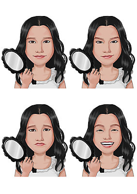 PSD 긴머리 여자 감정 일러스트 표정 웃음 사람 동양인 여러명 성인 세트 거울 국내일러스트 헤어스타일 다수 인종 파일형식