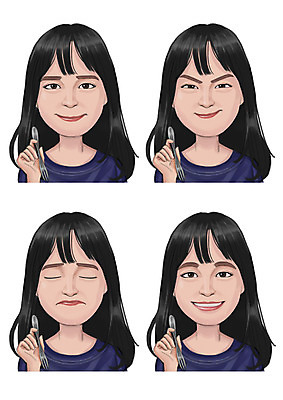 PSD 긴머리 여자 감정 포크 일러스트 표정 미소 사람 동양인 여러명 성인 세트 눈감음 찡그림 국내일러스트 헤어스타일 식기 다수 모션 인종 파일형식