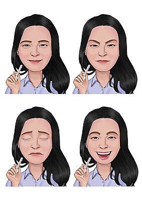 PSD 긴머리 여자 감정 일러스트 표정 미소 사람 동양인 여러명 성인 세트 눈감음 분필 국내일러스트 헤어스타일 다수 모션 인종 초크 파일형식