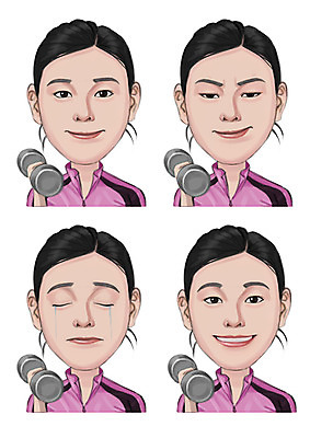 PSD 여자 감정 일러스트 표정 미소 사람 동양인 여러명 성인 운동복 세트 아령 슬픔 찡그림 눈물 국내일러스트 옷 다수 인종 파일형식