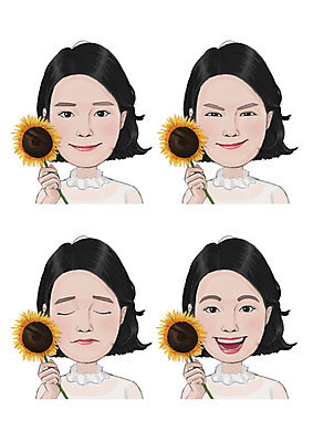 PSD 여자 감정 일러스트 해바라기 표정 미소 사람 동양인 여러명 성인 세트 눈감음 슬픔 단발머리 찡그림 국내일러스트 헤어스타일 꽃 다수 모션 인종 파일형식