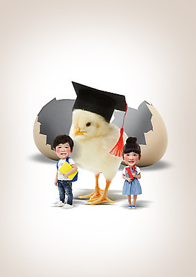 전신 PSD 편집이미지 여자 어린이교육 남자 어린이 학사모 졸업 책가방 병아리 서기 소녀 소년 두명 앞모습 공책 한국인 계란껍데기 이미지편집 모자_잡화 교육 뷰포인트 가방 모션 조류 문구용품 사람 동양인 계란 파일형식